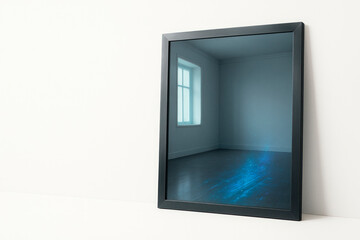 A window and a blue digital trail in the reflection of the mirror. Space for text.