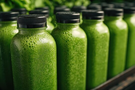 Rows of clear bottles filled with vibrant green juice are displayed at a market, showcasing healthy drink options for customers