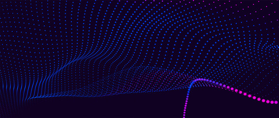 Abstract background with dynamic color wave. Futuristic dotted wave of bright particles. Colorful background for presentation design. Wide format 3D illustration. Weave effect.