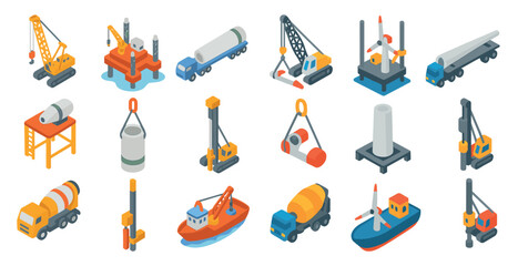 Construction and machinery isometric icons set &ndash; tools, equipment, industrial symbols