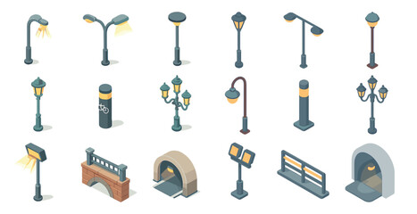 Obraz premium Street light isometric icons set – urban, city, outdoor lighting symbols