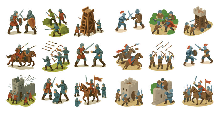 Medieval warfare isometric icons set – battle, knights, historic combat symbols