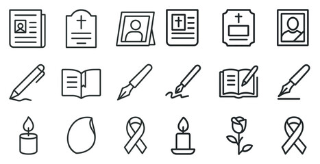 Obraz premium Funeral and memorial outline icons set – tribute, remembrance, memorial symbols