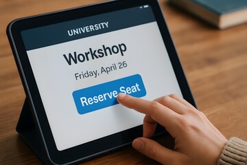 A person reserves a seat at a university workshop by tapping a screen, a modern depiction of education, networking, and access to information.