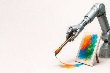 A robot draws an abstract image on a canvas. Space for text.