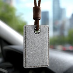 Gray Rectangular Car Air Freshener Mockup with Brown Leather Cord