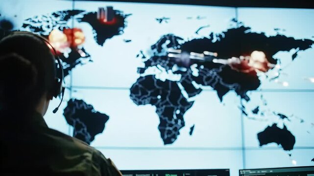 Man with headset facing a world map on a large screen in a dark control room