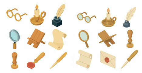 Vintage writing tools isometric icons set – 3d, antique, stationery symbols