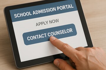 A person's finger interacts with the screen, accessing the online school admission portal, representing modern education and enrollment.