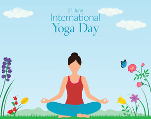 21 June International Yoga Day in nature with flowers vector