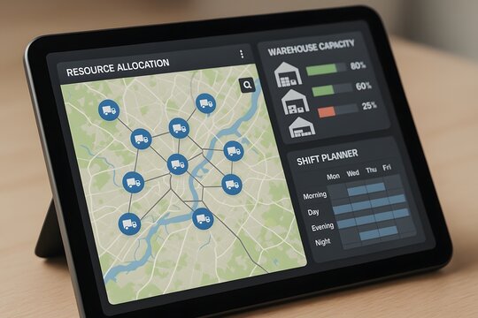 A sleek tablet displays an intricate, real-time map of delivery routes and warehouse data, a modern approach to logistics and business efficiency.