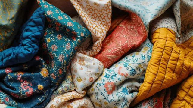 A close-up view of a stack of vibrant quilts