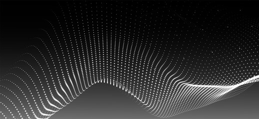 Abstract background with dynamic black and white wave. Futuristic dotted wave of bright particles on dark background. Weave effect. Background for presentation design. Wide format 3D illustration.