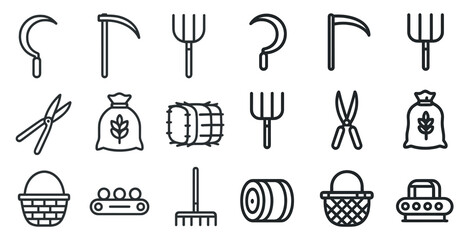 Farming tools outline icons set – simple, line, agricultural equipment symbols