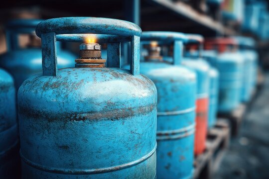 Multiple blue gas cylinders are arranged neatly in a storage area, showcasing their readiness for various uses and applications