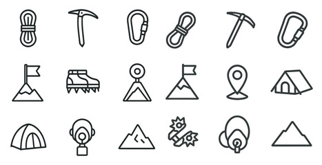 Adventure and hiking outline icons set &ndash; linear, trekking, outdoor activity symbols