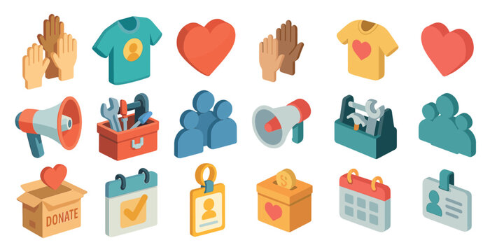Community support icons set – isometric, 3d, volunteer and charity symbols