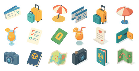 Travel and tourism icons set – isometric, 3d, vacation and trip planning symbols
