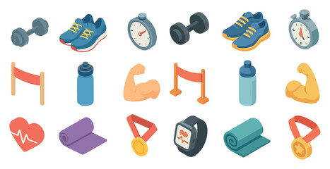Fitness and workout icons set – isometric, 3d, exercise and gym equipment symbols