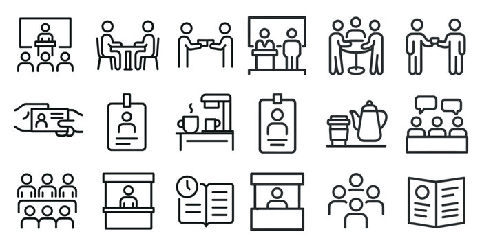Meeting and conference outline icons set – linear, business, corporate symbols