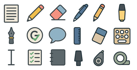 Office tools outline icons set &ndash; linear, pencil, stationary and note-taking symbols