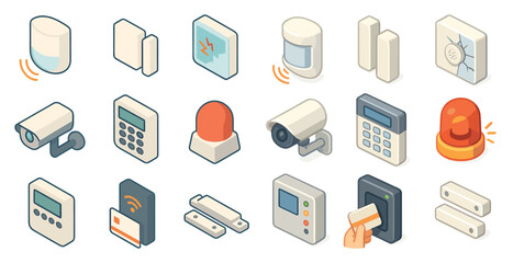 Home security isometric icons set – alarm, surveillance, safety system symbols