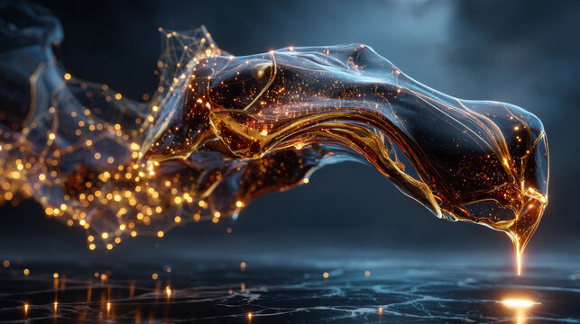 Yellow golden flowing liquid vector abstract background, oil texture on black. Streams of oil, honey or fluid with light element.