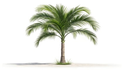 A single, realistic palm tree isolated on a clean white background.