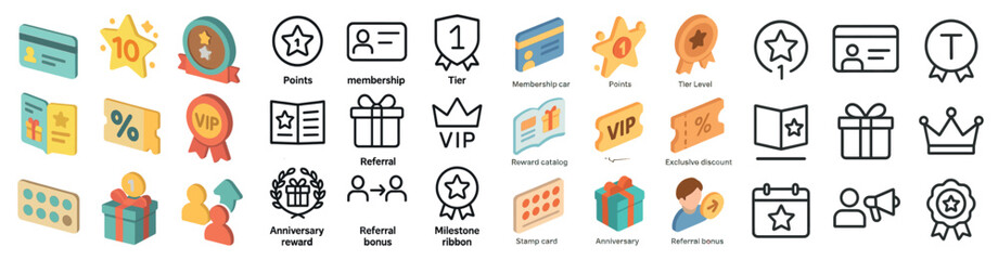 Membership and rewards flat icons set – loyalty, vip, milestone symbols