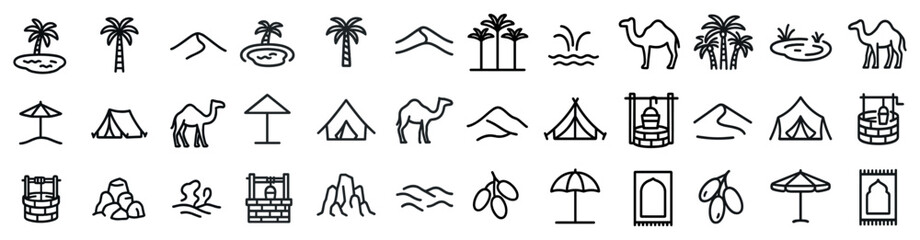 Desert travel outline icons set &ndash; line, silhouette, adventure and exploration symbols