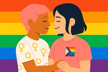 Fototapeta premium Two young LGBTQ+ individuals smiling warmly in front of a rainbow flag – AI generated