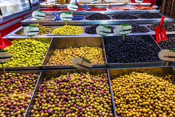Various breakfast products are available on the counter.