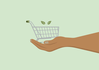 Hand Holding Green Shopping Cart. Eco-friendly shopping cart with leaves representing sustainable shopping, green consumerism, and environmentally conscious retail choices. Vector illustration