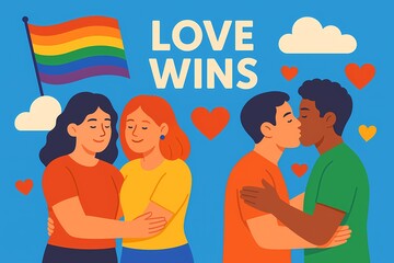 LGBTQ+ couples with rainbow flag and 'LOVE WINS' message, AI generated