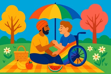 LGBT couple enjoying picnic under rainbow umbrella &ndash; AI generated