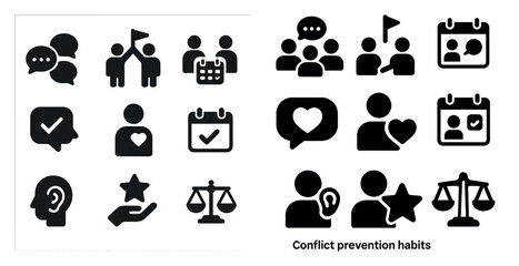 Conflict prevention solid icons set &ndash; filled, communication and resolution symbols