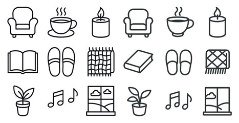 Cozy living outline icons set – linear, home comfort and relaxation symbols