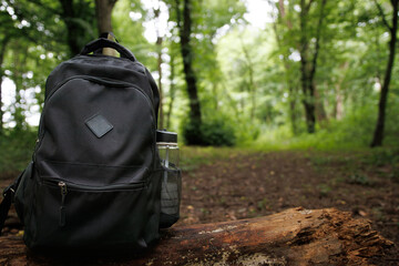 a black backpack with a bottle in its pocket stands on a stump in the forest