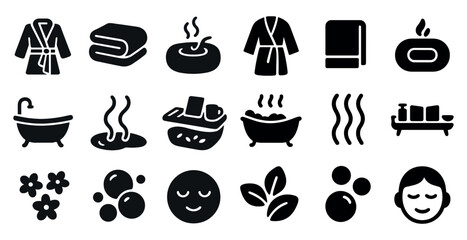 Spa and relaxation solid icons set – filled, wellness, self-care symbols