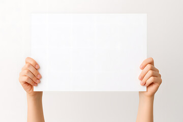 Hands holding blank white sign for message isolated on white background