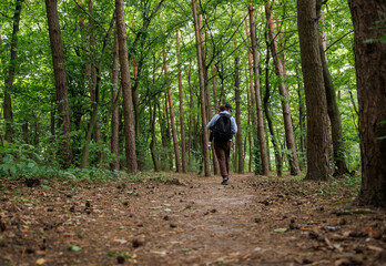 Mother carrying baby in her arms while walking in the forest. View from the back. Walking in nature with baby, peaceful moment in the fresh air, family bonding in the forest.