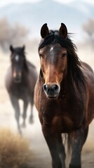 Fototapeta premium Horses running through a hazy landscape at dusk, showcasing their beauty and grace in motion