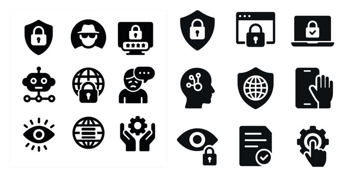 Cybersecurity solid icons set – filled, internet, data protection symbols