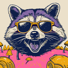 Cool Raccoon in Sunglasses, Psychedelic Mushroom Forest