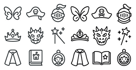 Fototapeta premium Fantasy and story book outline icons set – adventure, magic, arts and crafts graphics