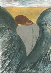 Gordijnen abstract woman portrait with black wings. watercolor illustration © Anna Ismagilova
