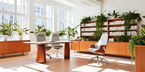Organized Modern Workspace with Plants and Storage


