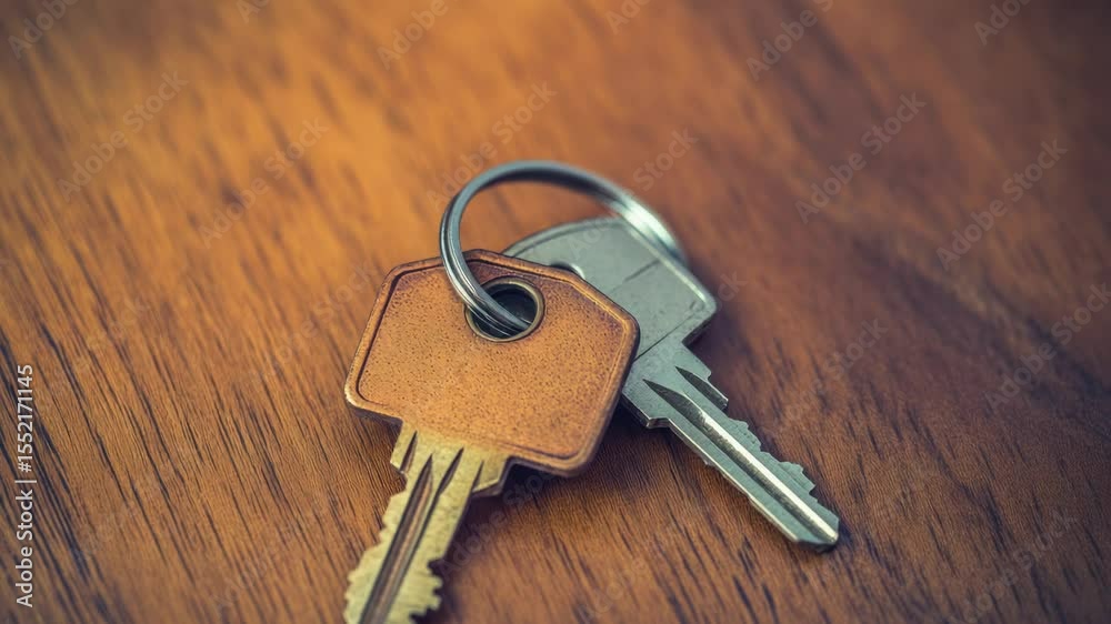 Poster a collection of keys arranged on a wooden table, perfect for use in still life photography or as a p
