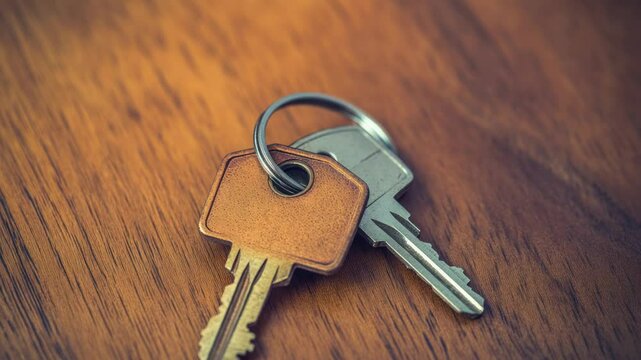A collection of keys arranged on a wooden table, perfect for use in still life photography or as a prop in storytelling scenarios