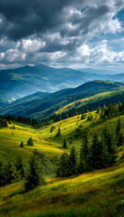 Obraz premium Scenic view of rolling green hills and mountain ranges under dramatic cloudy sky